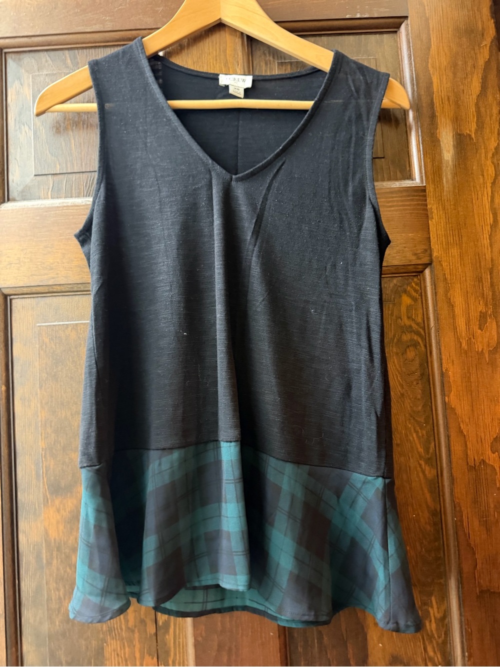 J. Crew Black V-Neck Tank with Green Plaid Flounce